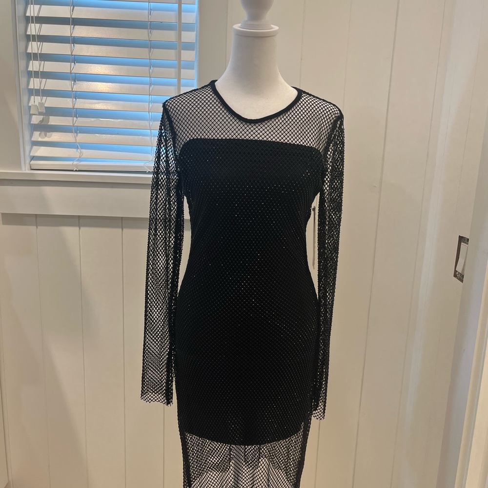 Aqua Elegant Black Mesh Long Sleeve Dress